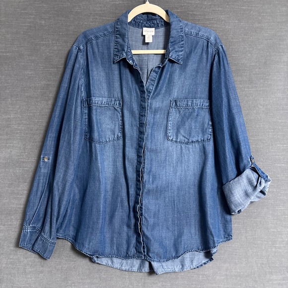 Chico's Tops - Chicos Top 3 XL 16 Relaxed Blue Chambray Roll Tab Lyocell Button Casual Classic